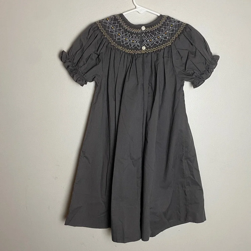 Rosalina Collections Smocked‎ Dress Girls 3T Gray Puff Sleeve Embroidered